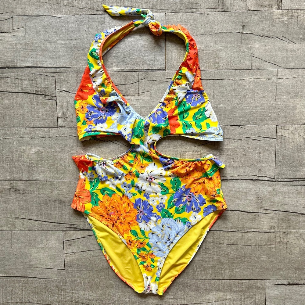 Aerie XL LONG Neon Yellow Floral Halter Ruffle Boho One Piece Monokini Swimsuit
